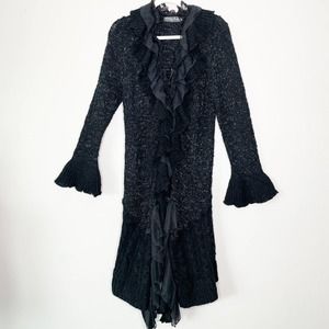 Pretty Angel Black Silk Wool Cashmere Ruffled Detail Long Cardigan Sweater